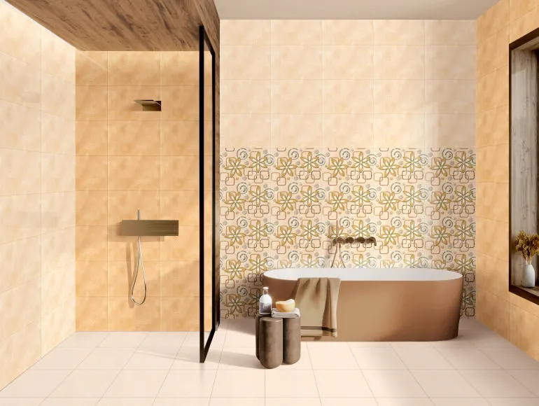 Elegant beige Bathroom design with patterned floral tiles